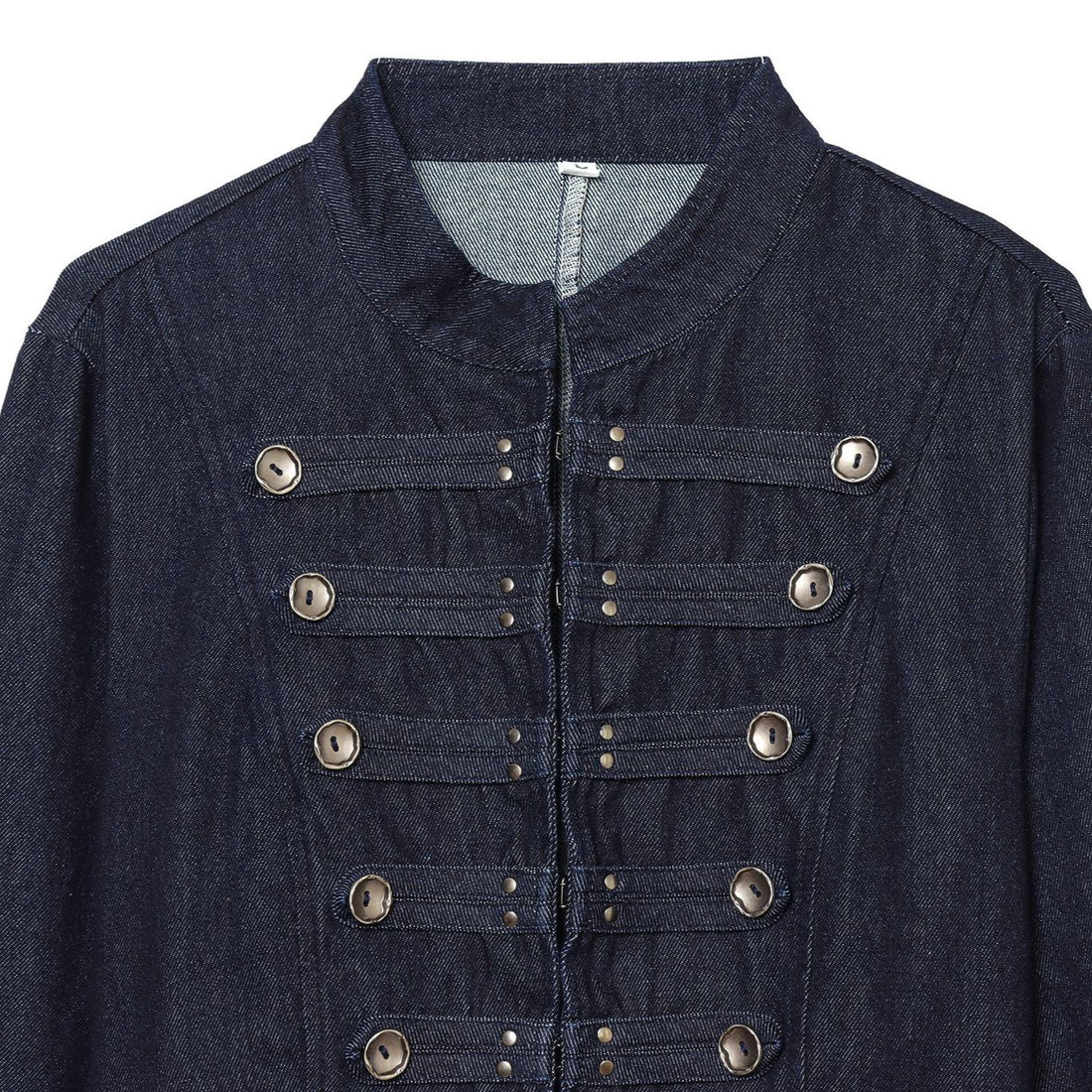 Damen Cropped Denim‑Militärjacke mit Stehkragen und dekorischer Zierknopfleiste Echoarchiv