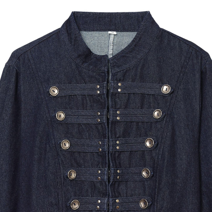 Damen Cropped Denim‑Militärjacke mit Stehkragen und dekorischer Zierknopfleiste Echoarchiv