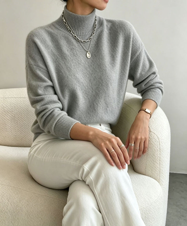 Damen kuscheliger Feinstrickpullover mit Stehkragen und überschnittener Schulter – Mavelle
