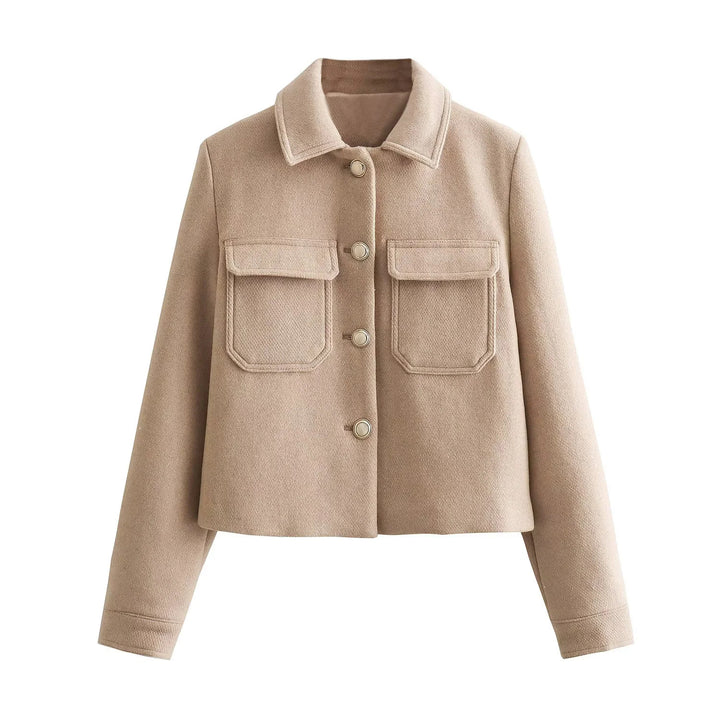 Damen kurze Wolloptik-Boxyjacke mit aufgesetzten Pattentaschen und klassischem Kragen – Célinea
