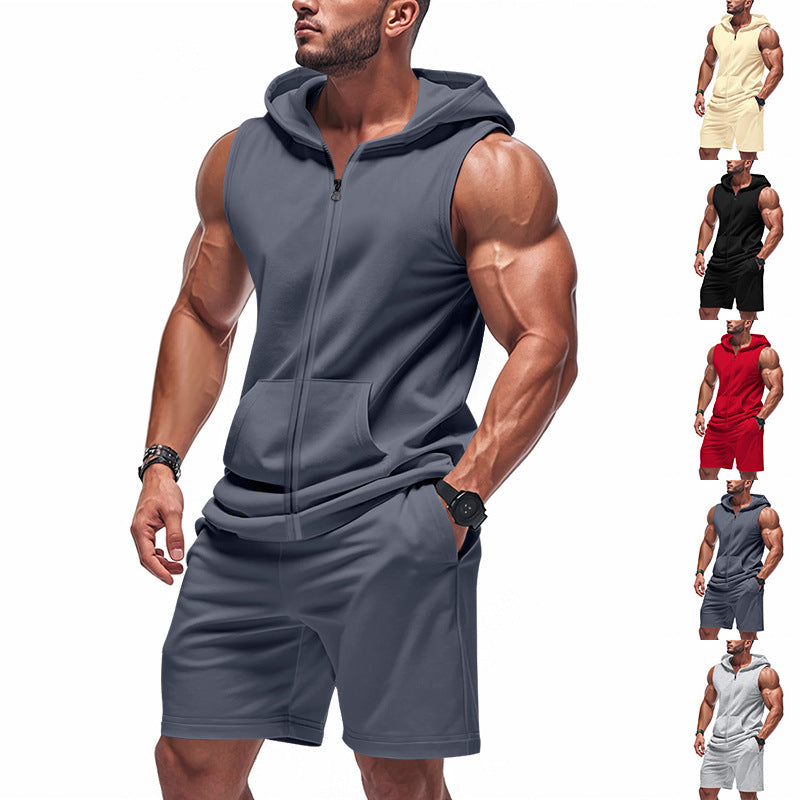 Herren nan sportliches Kapuzen-Set mit ärmelloser Sweatjacke, durchgehendem Reißverschluss und Trainingsshorts Echo Archiv