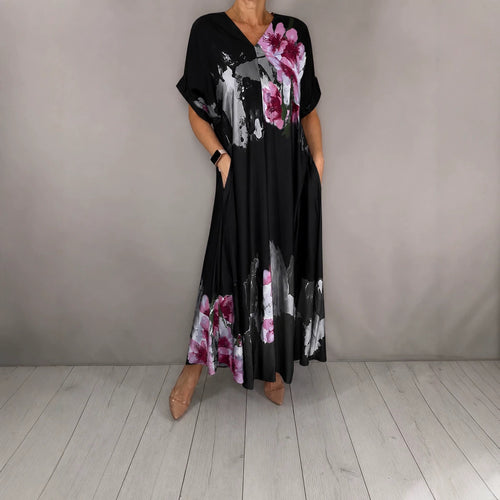 Damen Maxikleid mit weitem Fall, V-Ausschnitt, Eingrifftaschen und floraler Aquarelloptik Echoarchiv