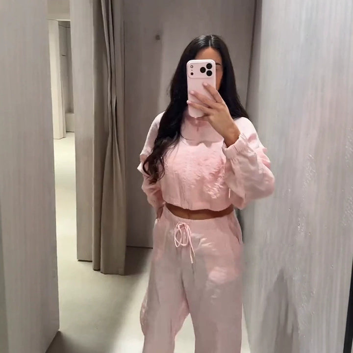 Damen Lässiges Satin-Trackset mit kurzem Reißverschluss-Top & weitem Tunnelzug-Hose Echoarchiv