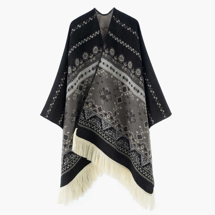 Damen Jacquard‑Ruana mit Fransen und folklorem Muster – Avérine