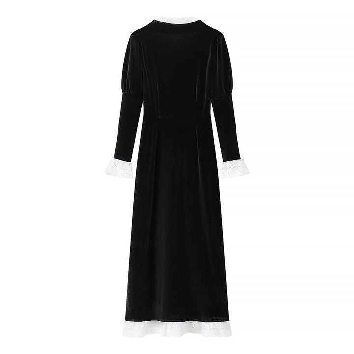 Damen Maxikleid aus Samt mit quadratischem Ausschnitt, Puffärmeln und Spitzenbesatz Echo Archiv