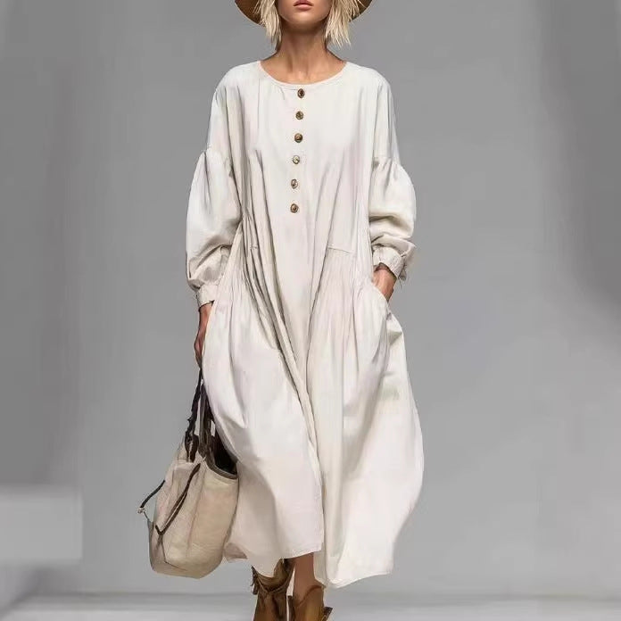 Damen Lässiges Midi-Kleid mit Knopfleiste, Ballonärmeln und Eingrifftaschen – Élara