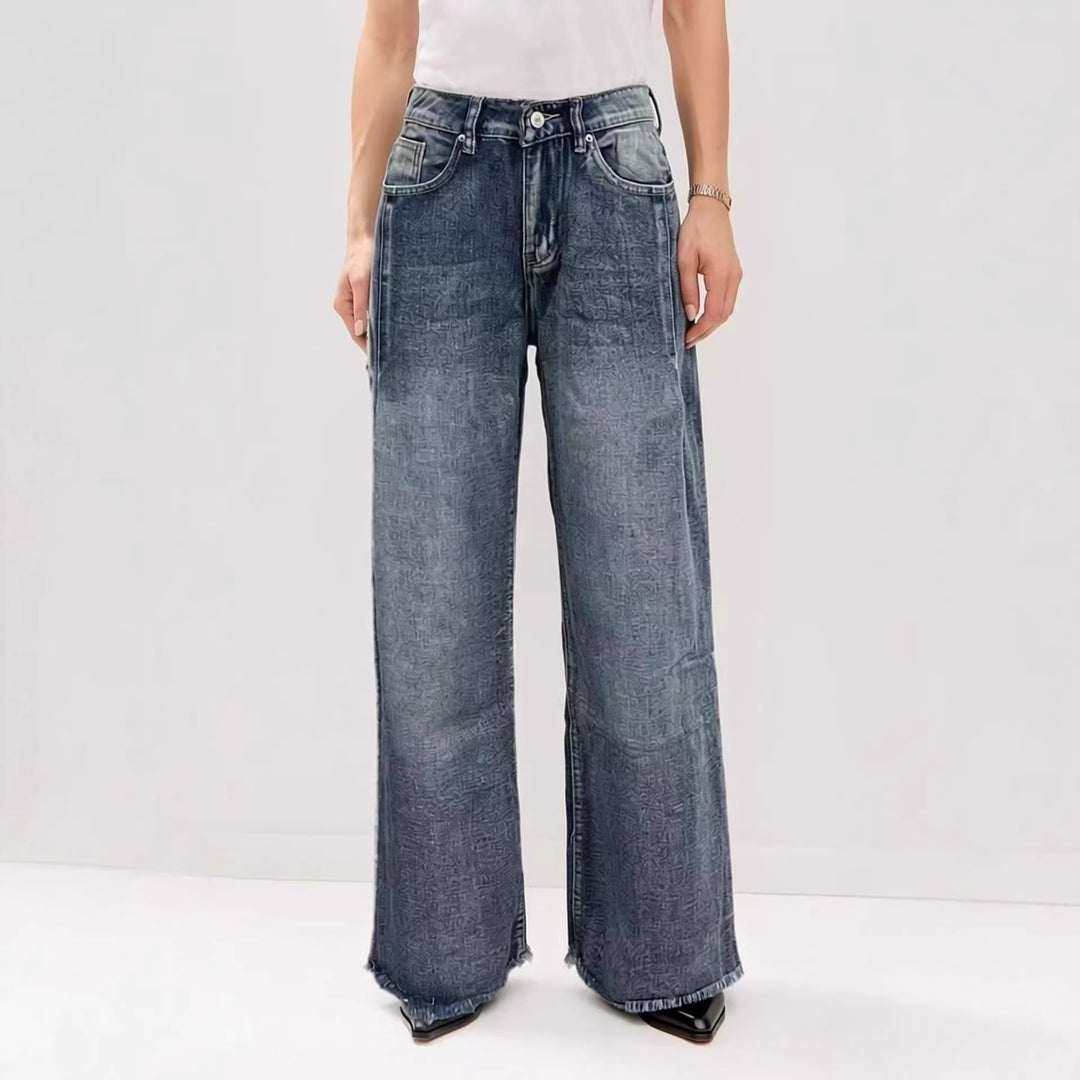 Damen weite Denim-Jeans mit kreativem Muster und fransigem Saum Echo Archiv