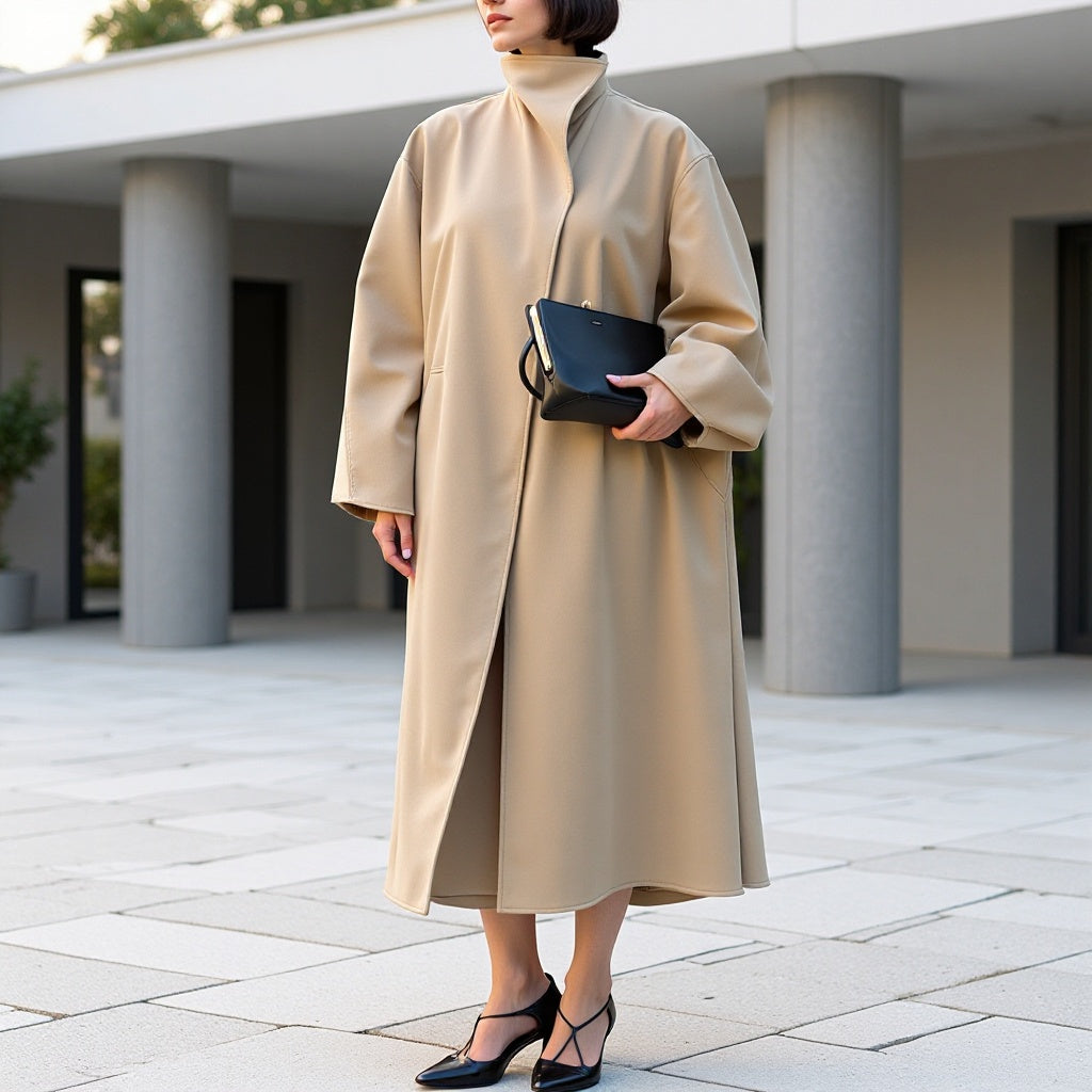 Damen Mantel im minimalistischen Midi‑Schnitt mit Stehkragen und verdeckter Knopfleiste Echo Archiv