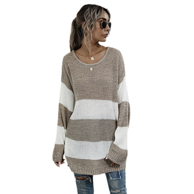 Damen Langer Oversize-Strickpullover mit breiten Blockstreifen und überschnittener Schulter Echoarchiv