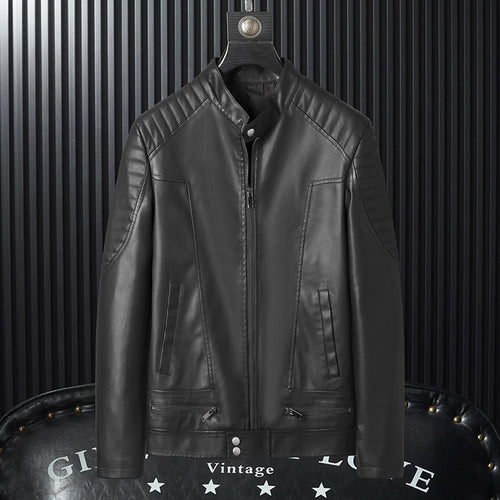 Herren Lederimitat-Bikerjacke mit Stehkragen und gesteppten Schulterpaneelen – Valtoré
