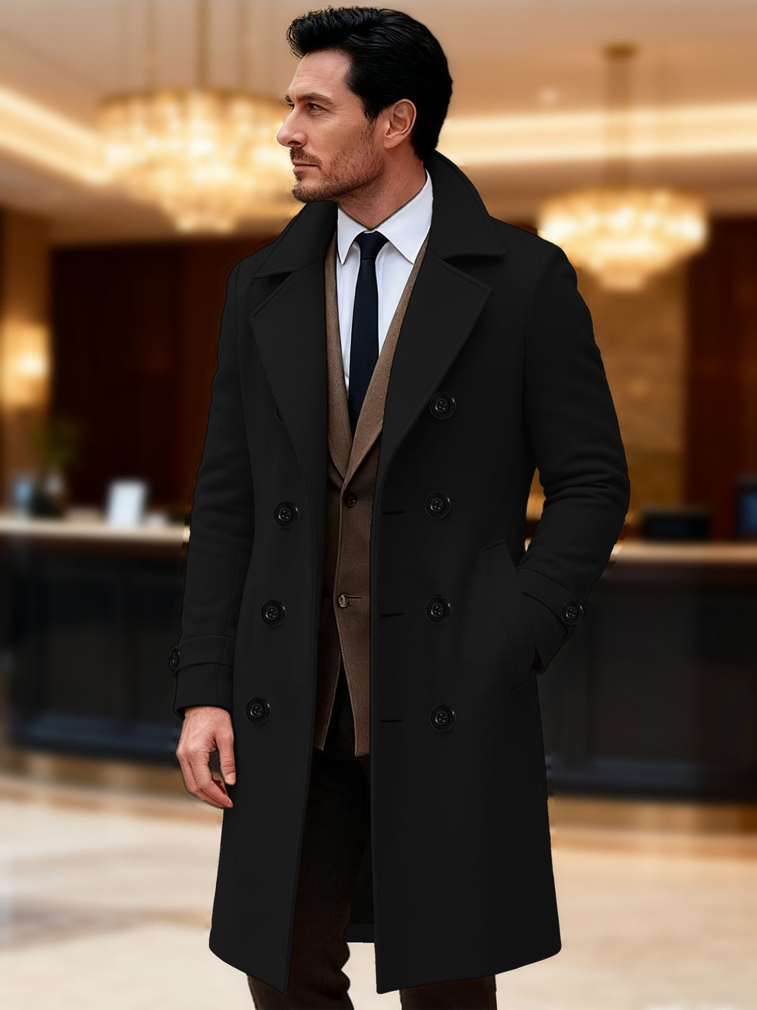 Herren eleganter doppelreihiger Wollmantel Echoarchiv