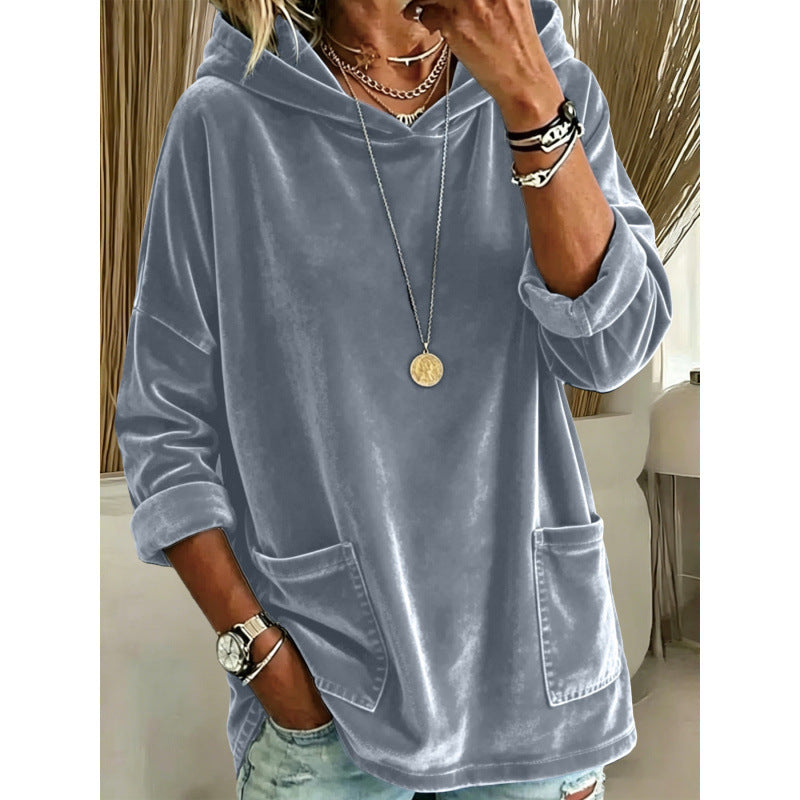 Damen Samt-Hoodie mit Kapuze, Oversize-Schnitt und aufgesetzten Taschen – Auréline