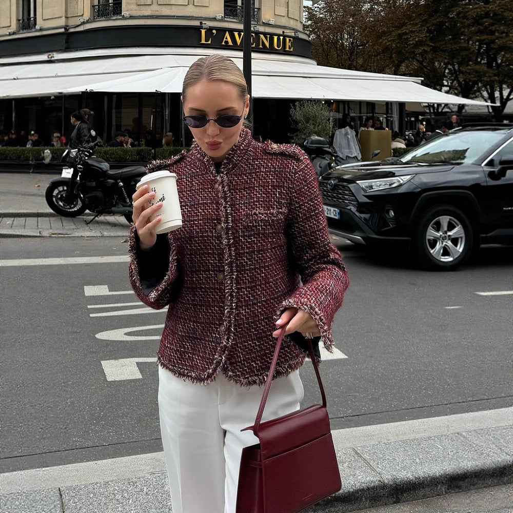 Damen Kurze Bouclé-Tweed-Jacke mit Fransenbesatz und Zierknöpfen Echoarchiv