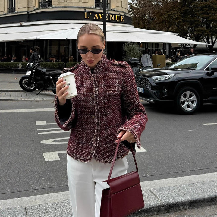 Damen Kurze Bouclé-Tweed-Jacke mit Fransenbesatz und Zierknöpfen Echoarchiv