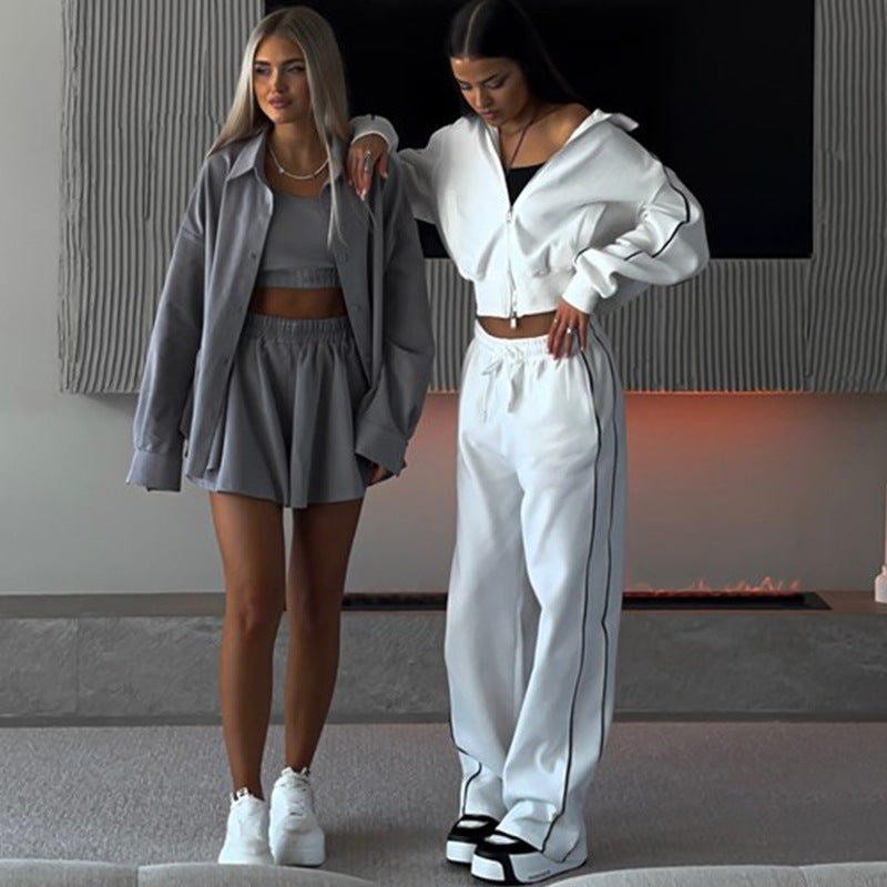 Damen nan kurzes Reißverschluss-Hoodie und hohe Taillen-Jogginghose Set mit dekorativer Seitenpaspel Echo Archiv