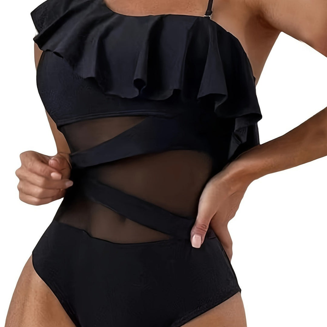 Damen Einteiler Badeanzug mit asymmetrischem Rüschendesign und eleganten Cut-Out-Details Echo Archiv
