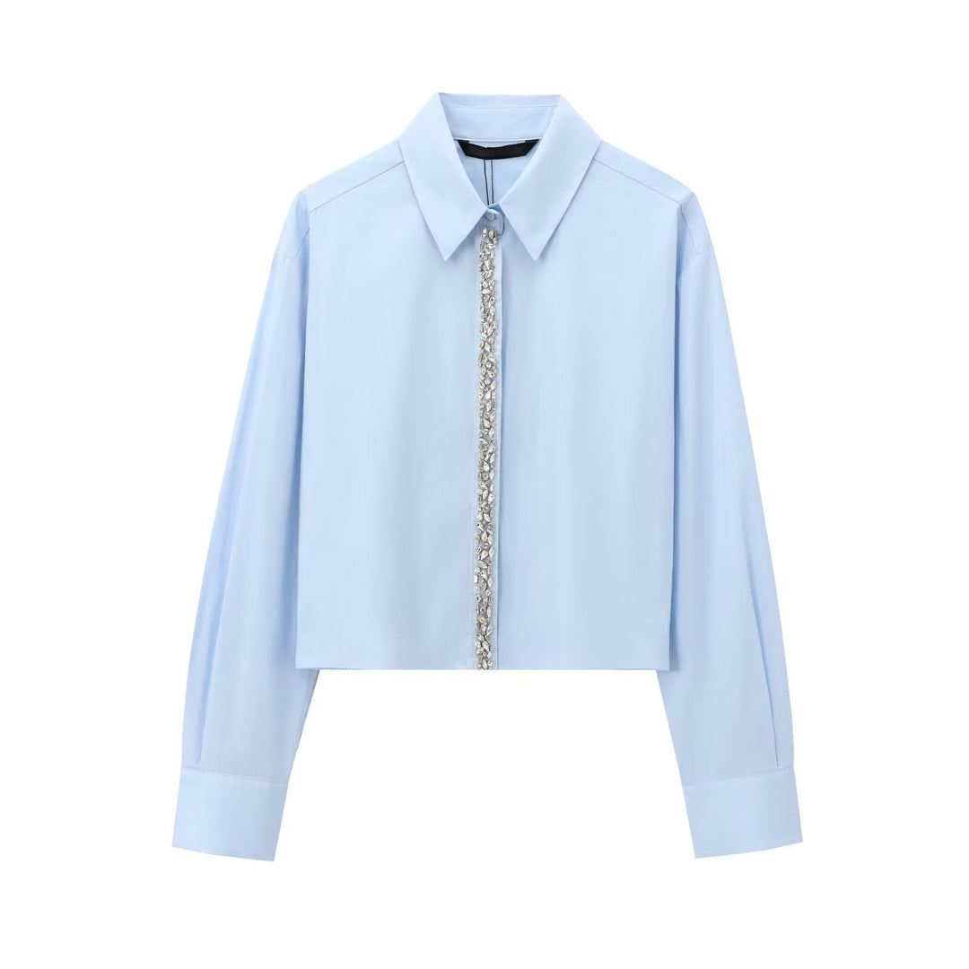 Damen Cropped Hemd mit Kristallverzierung und Oversized-Kragen Echo Archiv