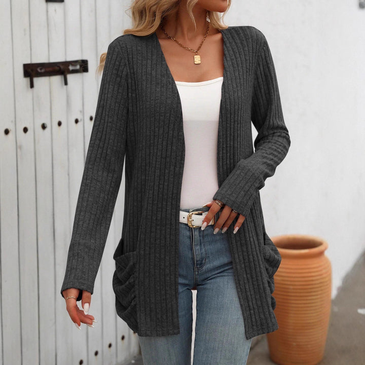 Damen Gerippter Longcardigan mit offenen Kanten, Eingrifftaschen und lockerer Passform Echoarchiv