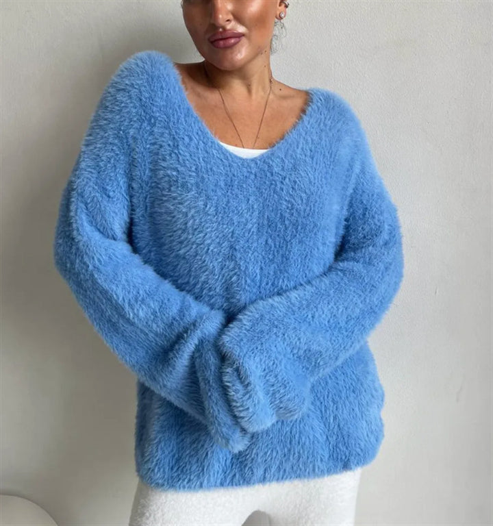 Damen Oversize-Flauschpullover mit V-Ausschnitt und Teddy-Optik – Mavelle