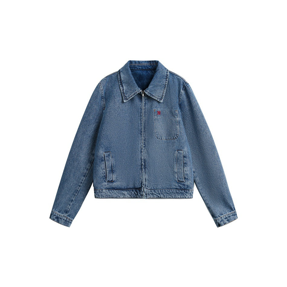 Damen Kurze Oversize-Denimjacke mit durchgehendem Reißverschluss und Brusttasche Echoarchiv