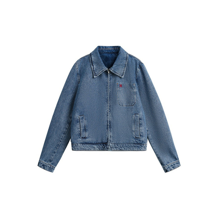 Damen Kurze Oversize-Denimjacke mit durchgehendem Reißverschluss und Brusttasche Echoarchiv