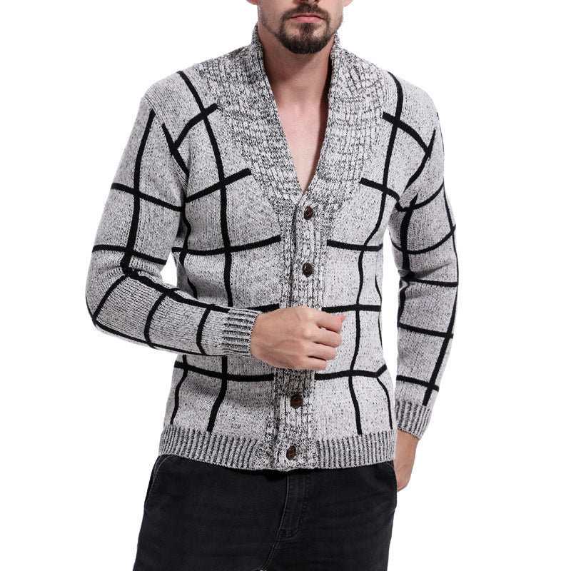 Herren modische Strickjacke mit Karomuster und elegantem Revers Echoarchiv