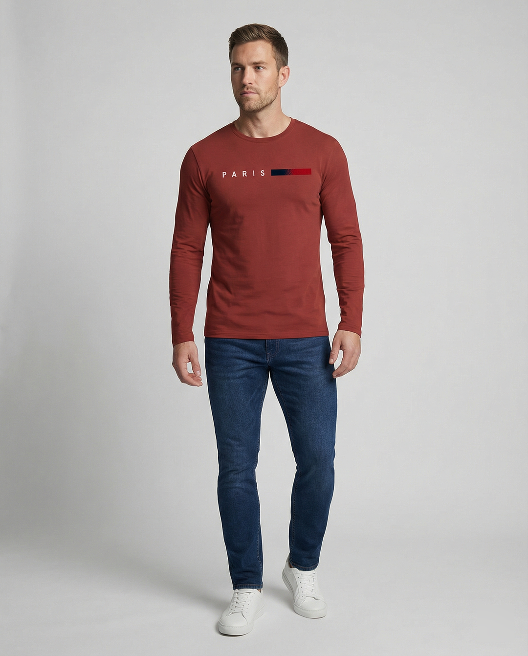 Herren Langarm T-Shirt mit modernem Paris-Druck und elastischem Saum Echoarchiv