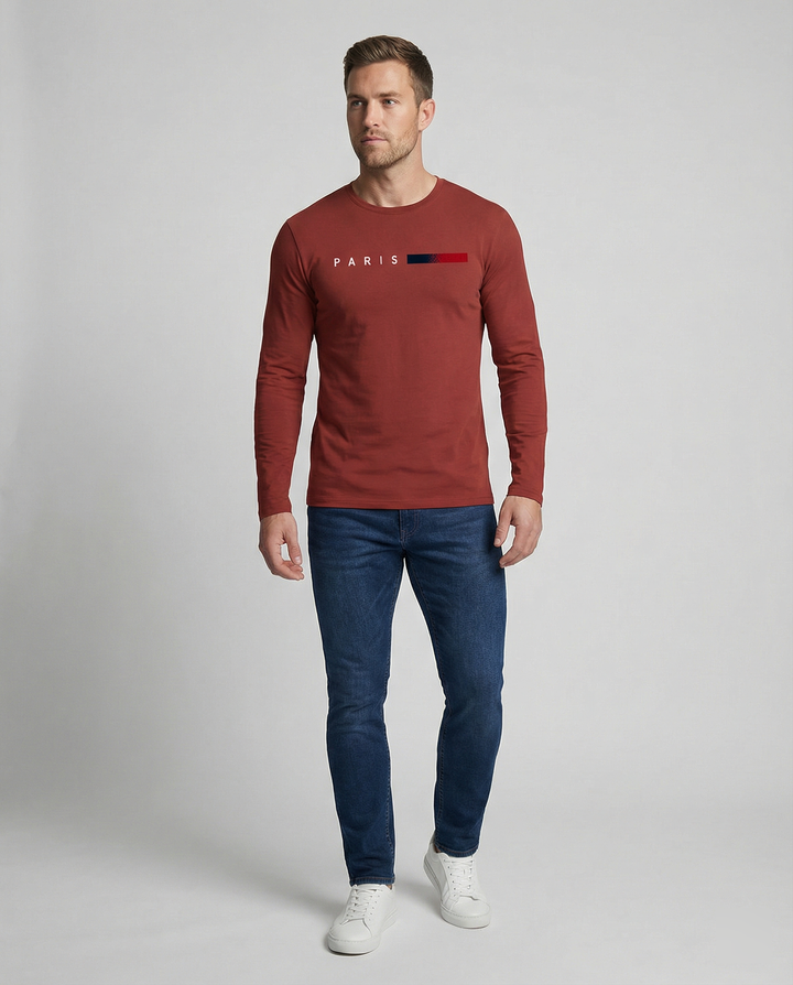 Herren Langarm T-Shirt mit modernem Paris-Druck und elastischem Saum Echoarchiv