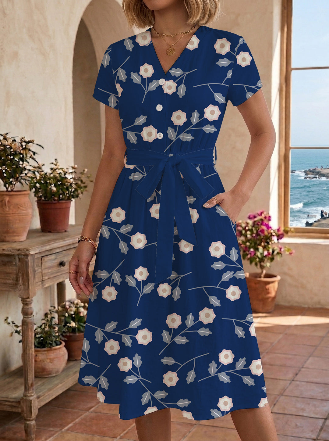 Damen Midikleid mit floralem Muster und Taillengürtel Echo Archiv