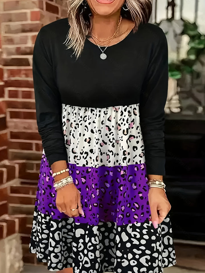 Damen nan langärmliges Stufenkleid mit geraffter Empire-Taille und gemischtem Animal-Print Echo Archiv