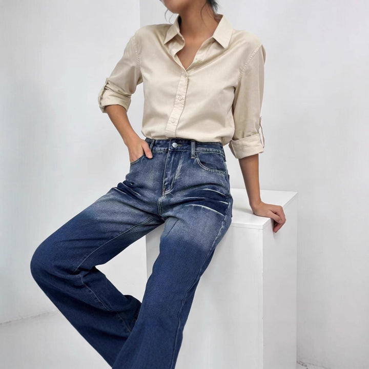 Damen weite hochgeschnittene Jeans mit besonderem Waschungseffekt Echo Archiv