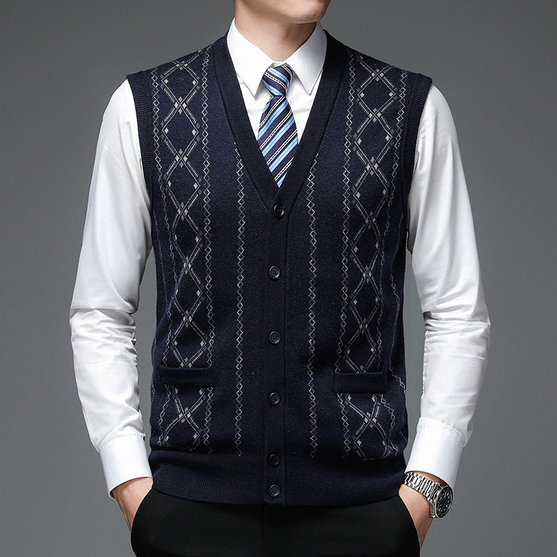 Herren elegante Strickweste mit Rautenmuster und Schalkragen Echoarchiv