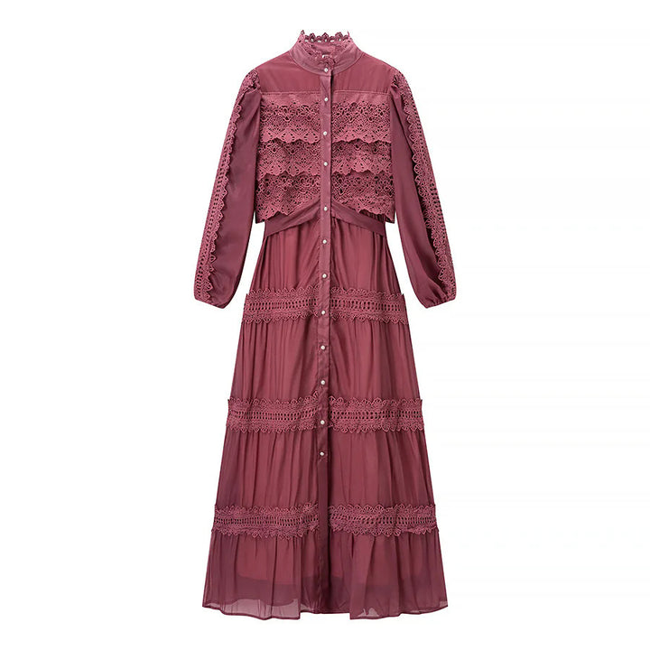 Damen romantisches Maxikleid mit Stehkragen, Knopfleiste und gehäkelten Spitzeneinsätzen – Valéora
