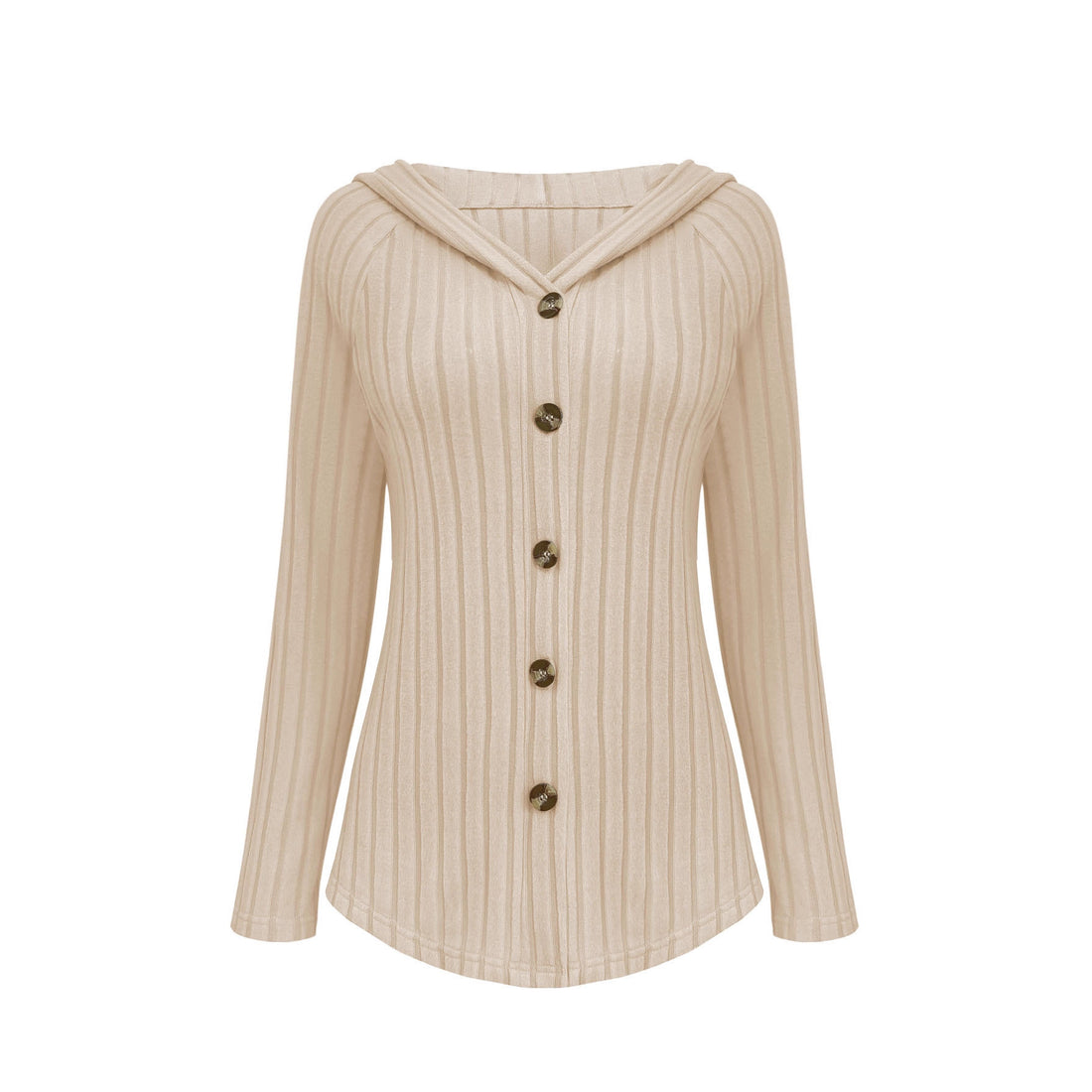 Damen Gerippte Kapuzen-Cardigan-Bluse mit Holzknopfleiste und gerafften Ärmeln – Veloura