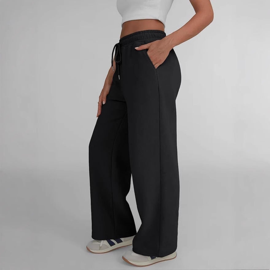 Damen weite Loungehose mit hohem Elastikbund, verstellbarem Kordelzug und fließender Palazzosilhouette – Avélisse