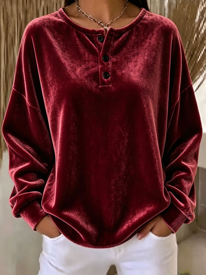 Damen Lässiges Oversize Samt-Henleyshirt mit Knopfleiste Echoarchiv