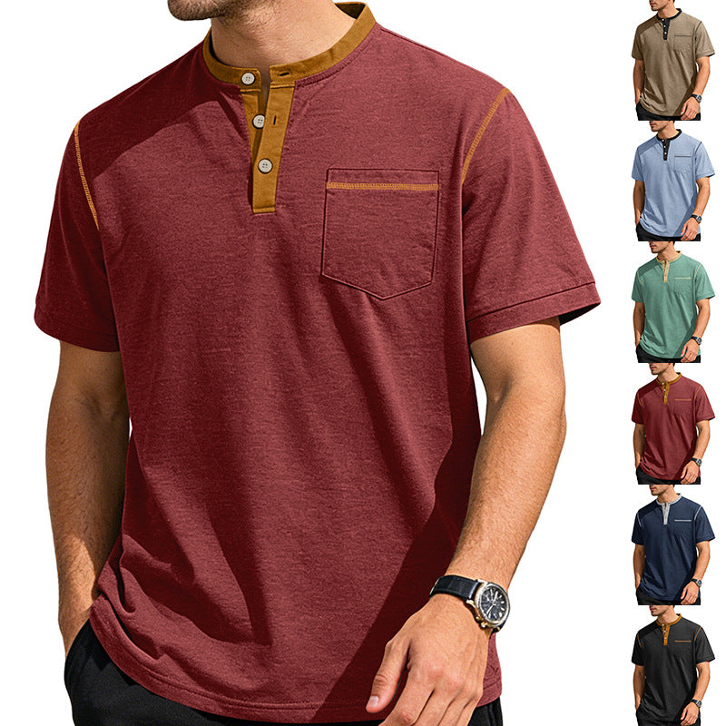 Herren nan legeres Kurzarm-Bandkragenshirt mit Knopfleiste Brusttasche und Flatlocknähten Echo Archiv