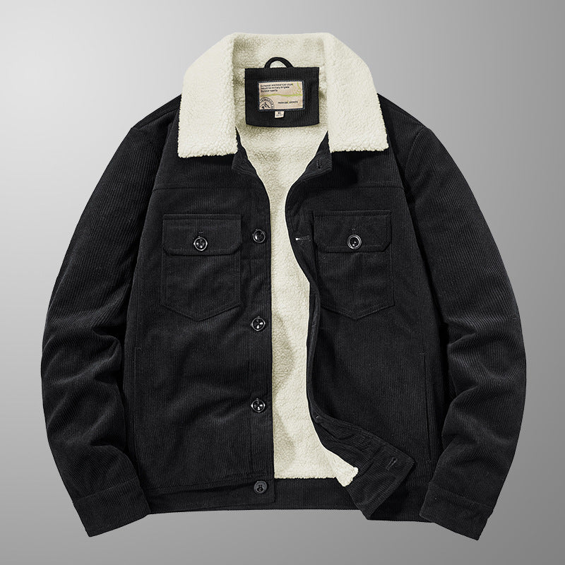 Herren Cord-Workjacke mit Sherpa-Innenfutter, Reverskragen und Druckknopfleiste – Taviero