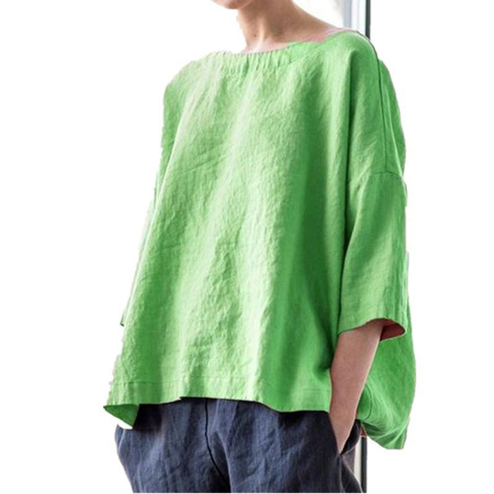 Damen Oversized Leinenbluse mit weitem Boxy‑Schnitt, U‑Boot‑Ausschnitt und 3/4‑Ärmeln Echo Archiv