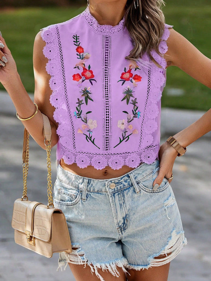 Damen Besticktes Spitzen-Cropped-Top mit Stehkragen und Häkelkanten Echo Archiv