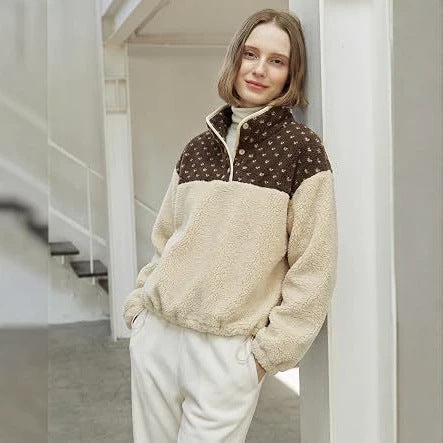 Damen Teddy-Fleece-Pullover mit Stehkragen, Druckknopfverschluss und Kordelzug – Mavelle