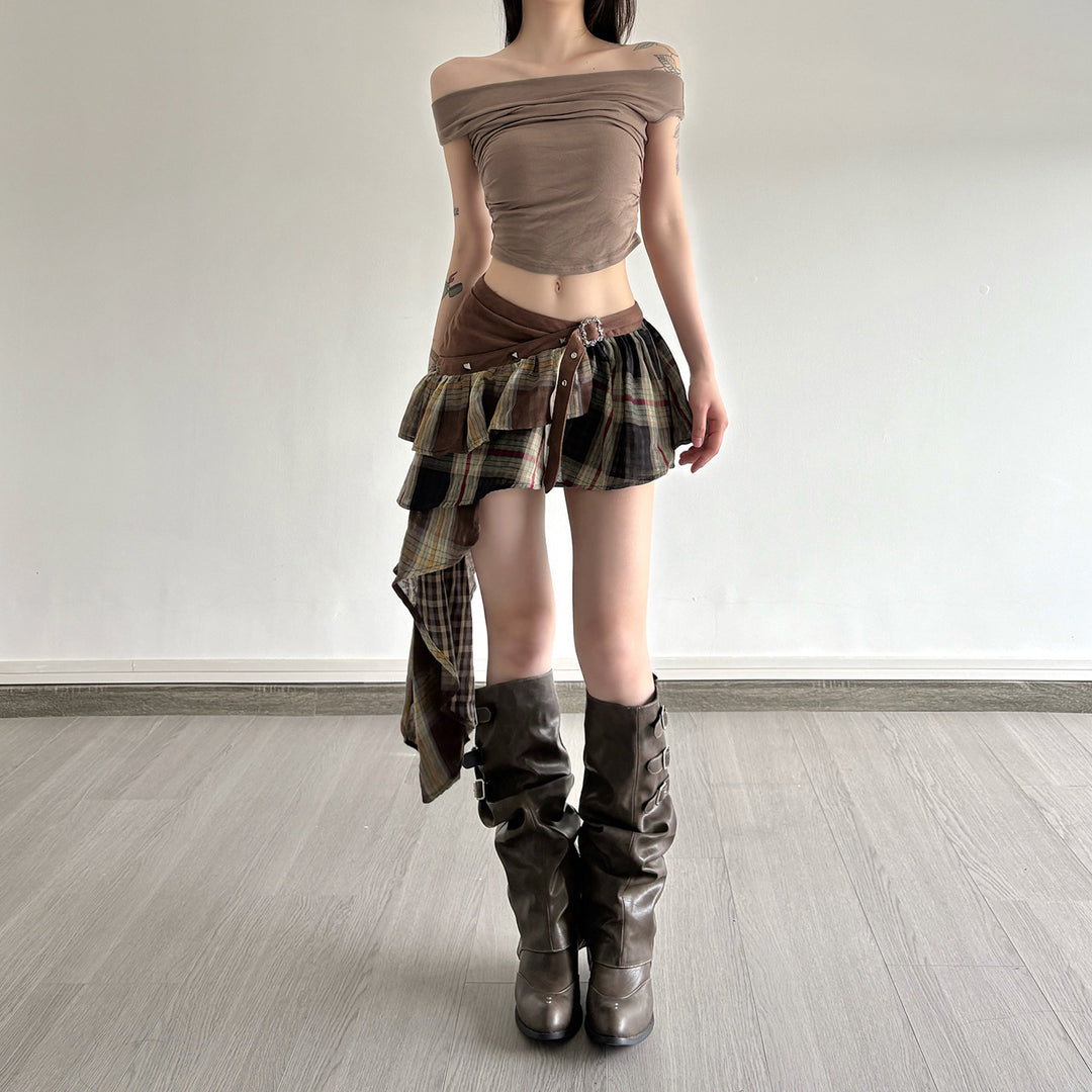 Damen Verspielter Karorock mit asymmetrischem Schnitt und verstellbarem Bund Echo Archiv