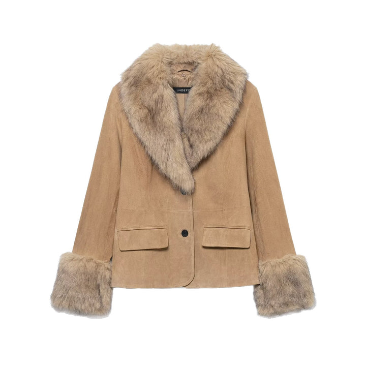Damen kurze Wildlederjacke mit voluminärem Fellkragen und breiten Fellmanschetten Echo Archiv