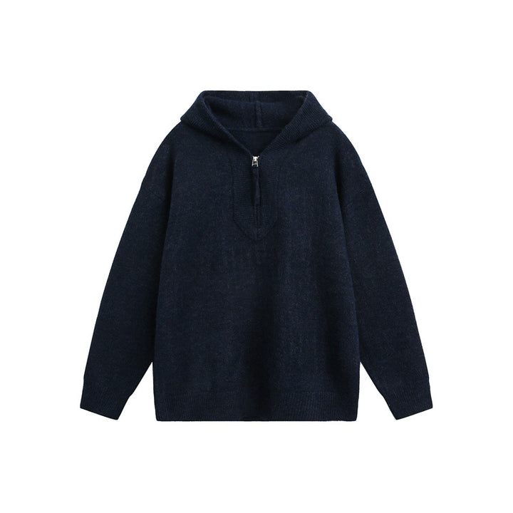 Unisex Grobgestrickter Kapuzenpullover mit halbem Reißverschluss und Boxy‑Schnitt Echoarchiv