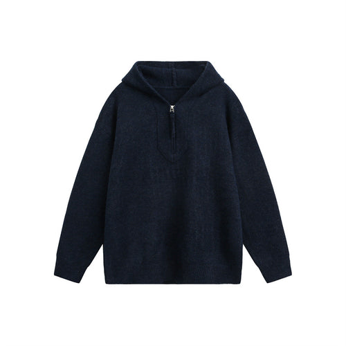 Unisex Grobgestrickter Kapuzenpullover mit halbem Reißverschluss und Boxy‑Schnitt Echoarchiv