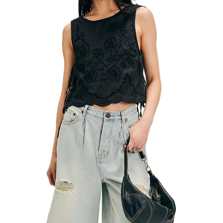 Damen Kurzes besticktes Baumwoll-Top mit Wellensaum und Rundhalsausschnitt – Avérine
