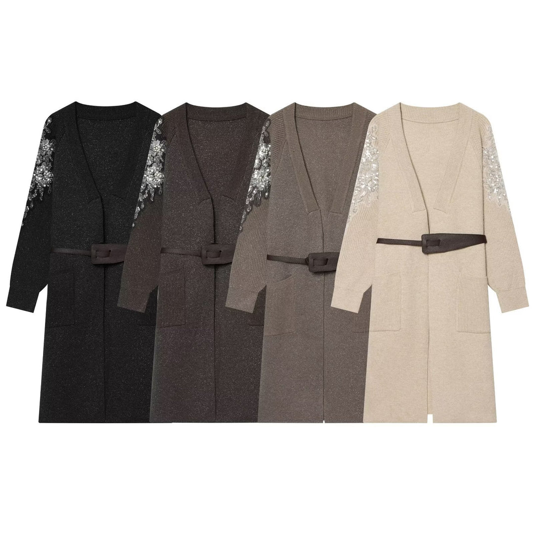 Damen Lange Strickmantel-Cardigan mit Taillengürtel und Paillettenbesatz Echo Archiv
