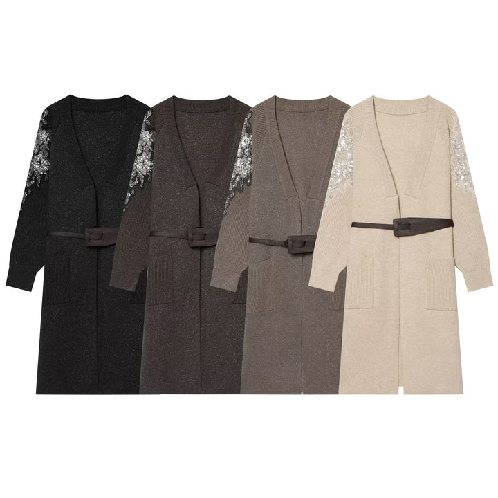 Damen Lange Strickmantel-Cardigan mit Taillengürtel und Paillettenbesatz Echo Archiv