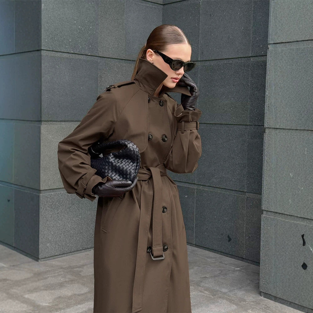 Damen Lang geschnittener wasserabweisender Trenchcoat mit hohem Stehkragen und Taillengürtel Echoarchiv