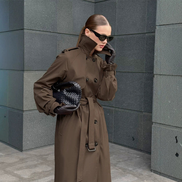 Damen Lang geschnittener wasserabweisender Trenchcoat mit hohem Stehkragen und Taillengürtel Echoarchiv
